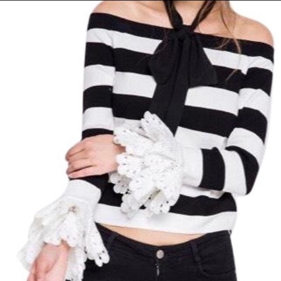 English Factory Tops - English factory lace ruffle sleeve striped off the shoulder top